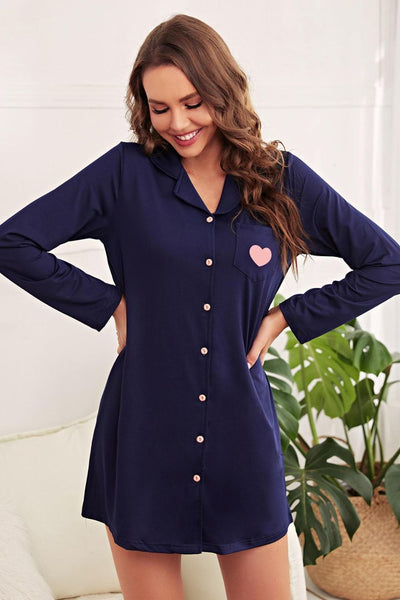 Heart Lapel Collar Night Shirt Dress