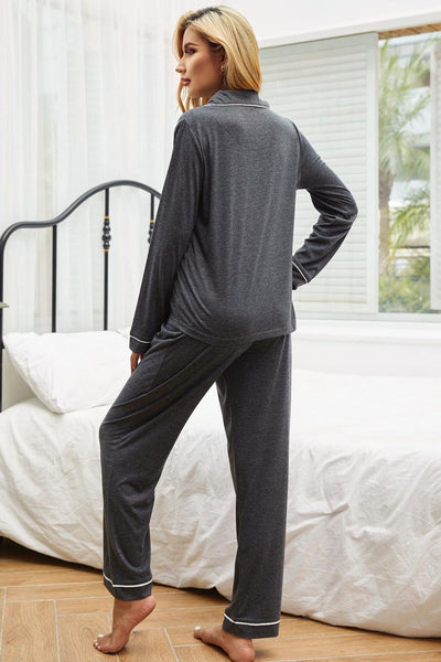 Contrast Piping Button Down loungewear Set
