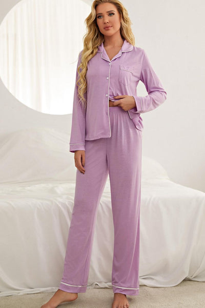 Contrast Piping Button Down loungewear Set