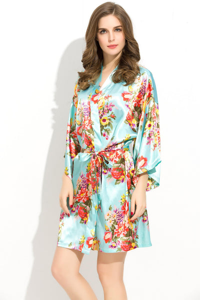 Mint-Blue Floral Bridesmaid Robes Kimono