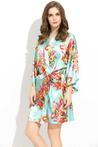 Mint-Blue Floral Bridesmaid Robes Kimono