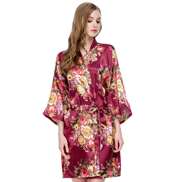 Burgundy Floral Bridesmaid Robes Kimono